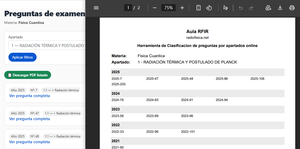 Clasificación de preguntas por subapartado con descarga PDF